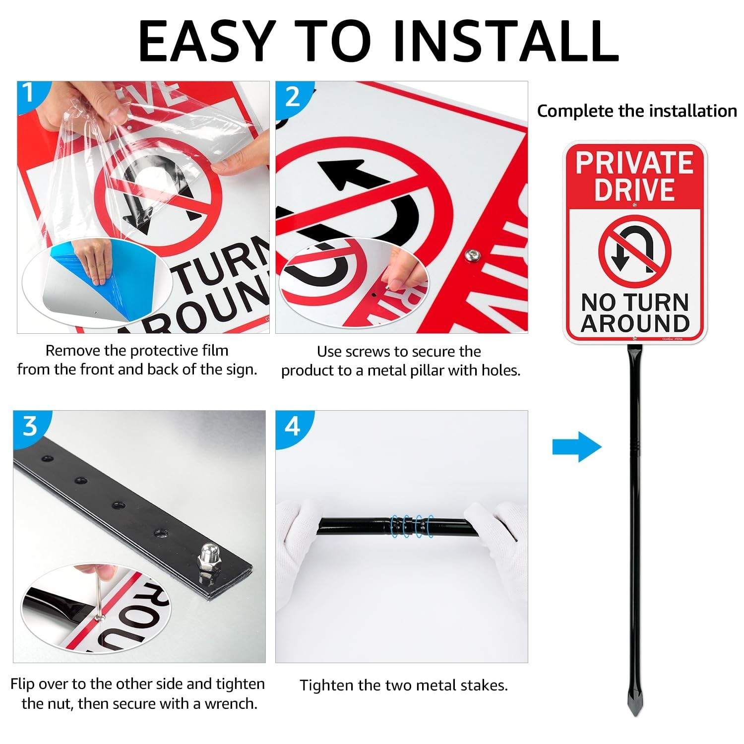 Private Driveway No Turn Around Signs – 36″ Metal Stakes, Reflective Aluminum, W