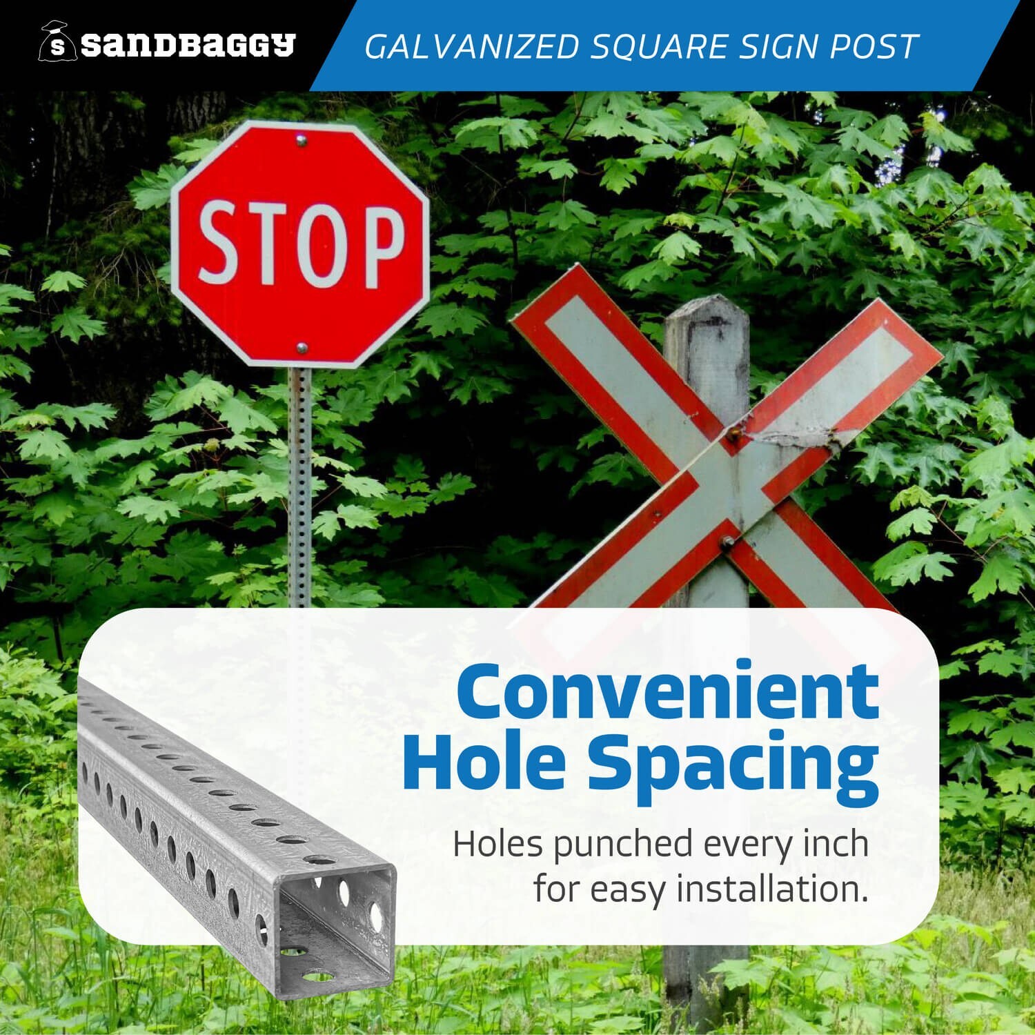 Sandbaggy 10 ft Galvanized Square Sign Post – 1-3/4″ Wide – 7/16” Hole Diameter
