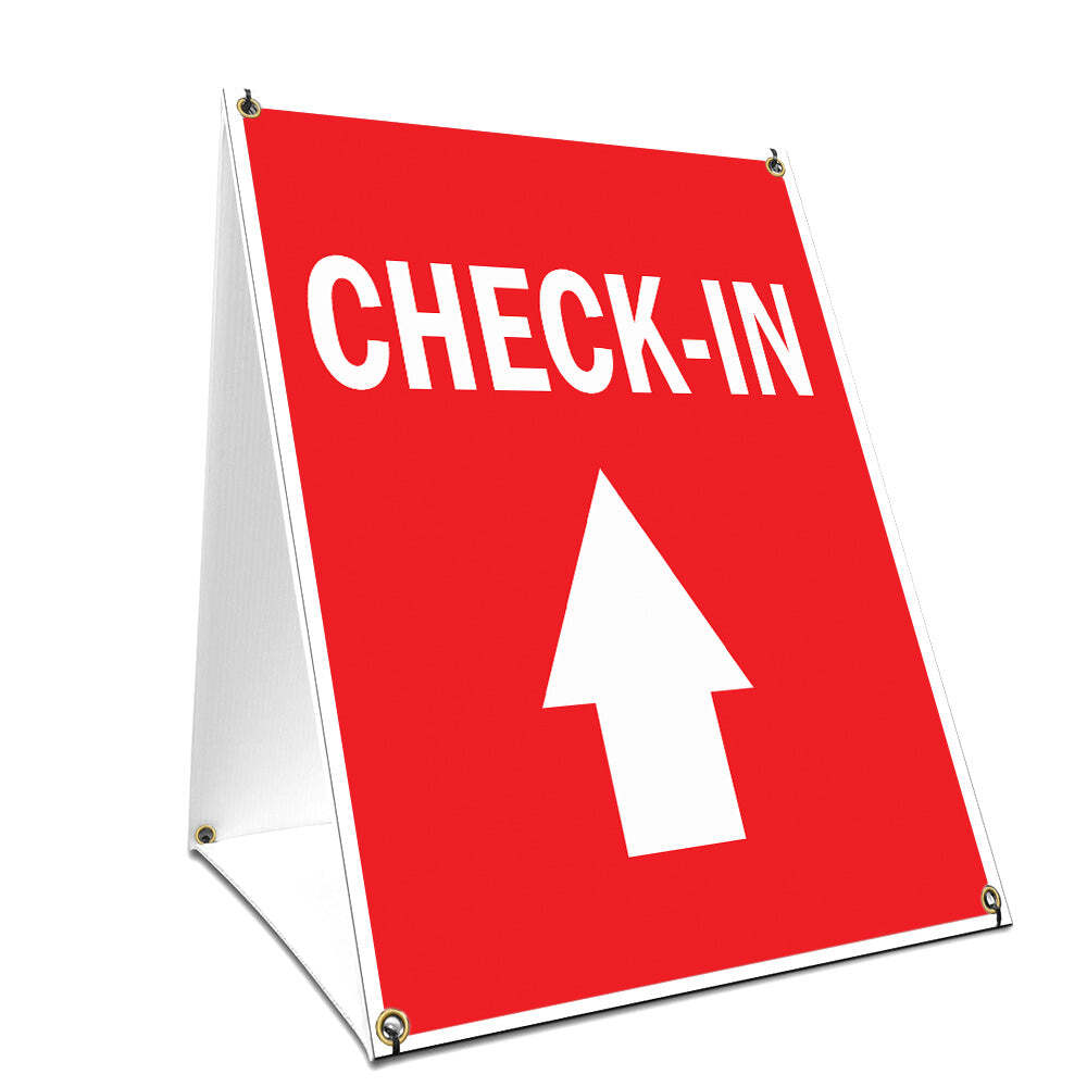 A-frame Sidewalk Check-in With Up Arrow Sign With Graphics On Each Side
