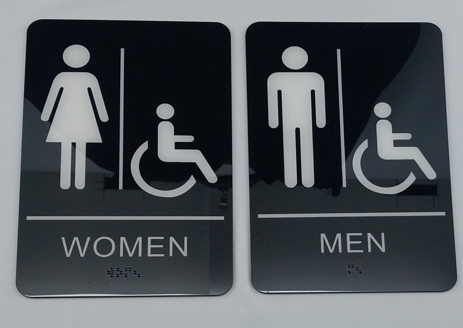 Men + Women Restroom Sign ADA Braille Self Adhesive with 3M Tape 9″ x 6″ 3M Tape