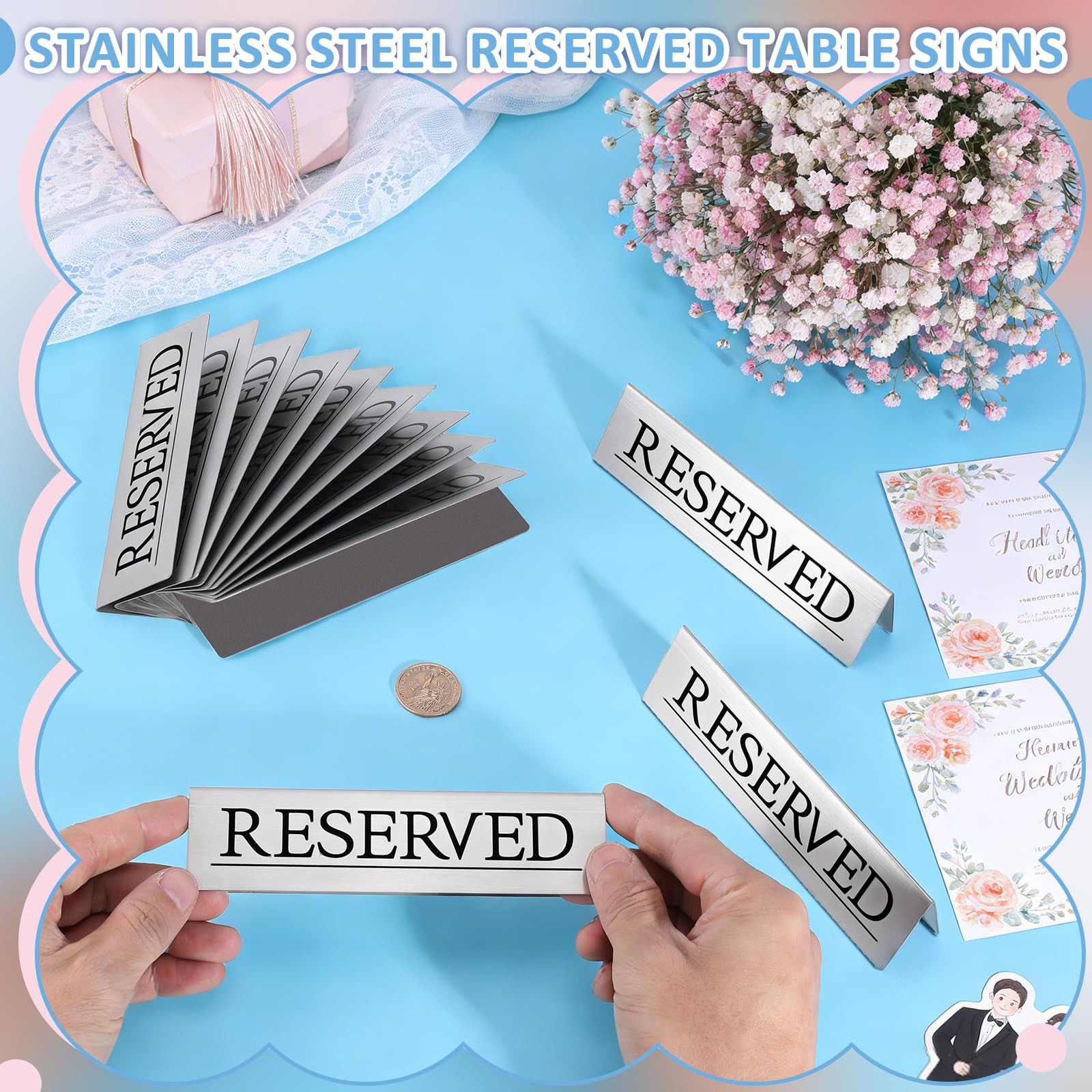 12 PCS 6×1.5 Inch Stainless Steel Elegant Silver Reserved Seating Table Signs
