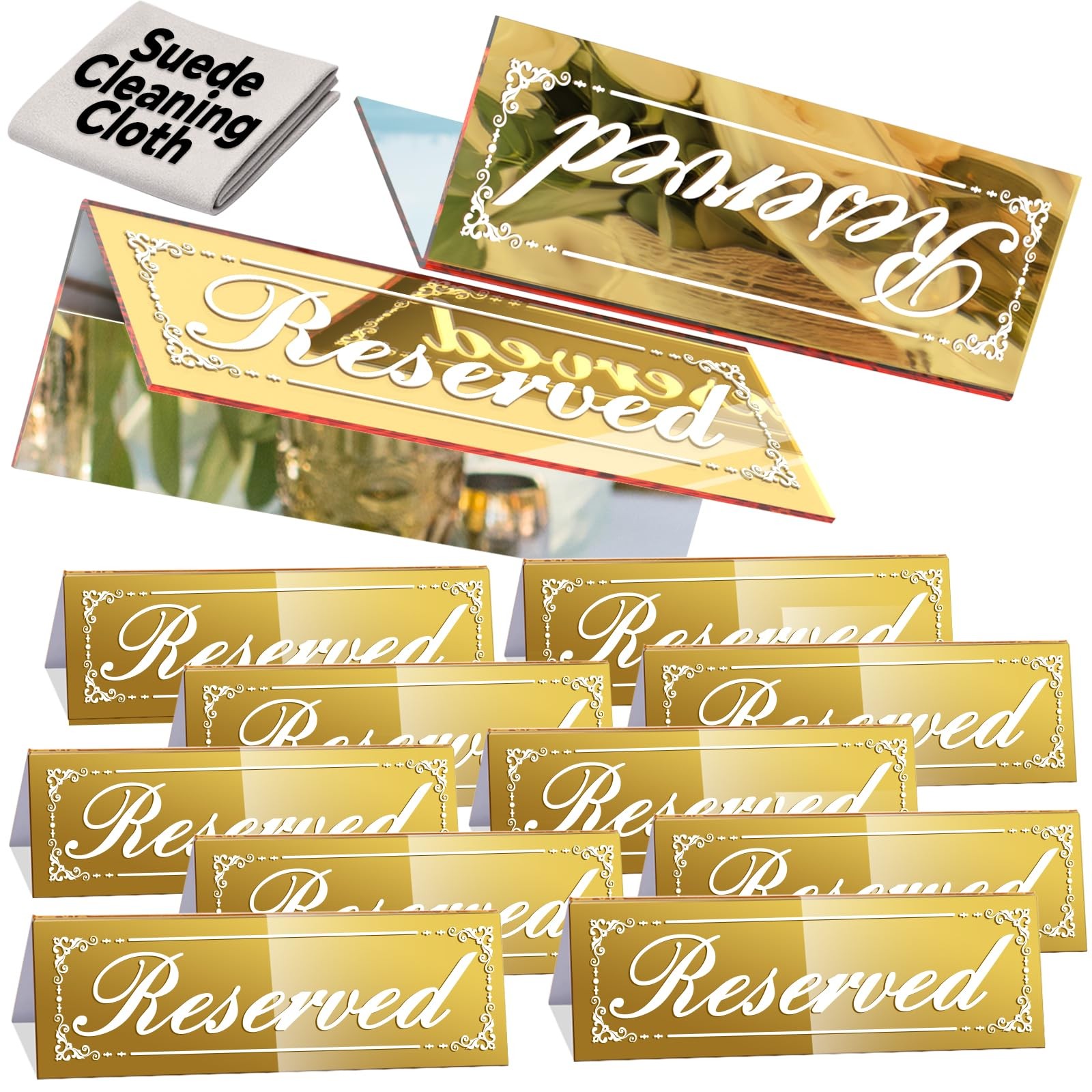 12 Pcs Mirrored Gold Reserved Table Signs, 6″ x 2″ DoubleSided Table Tent Sig…
