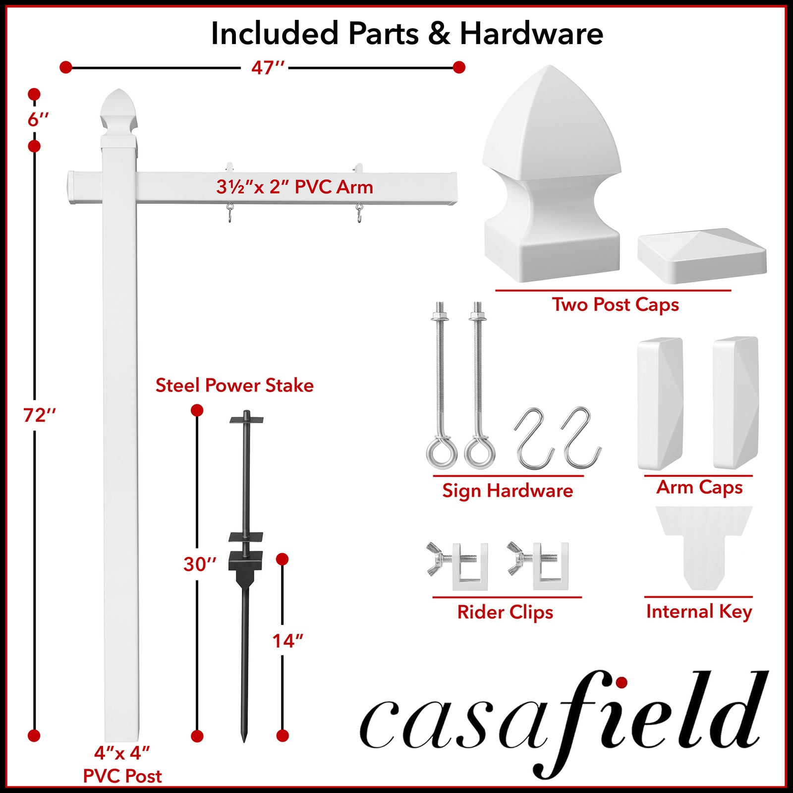 72″ x 47″ Real Estate Yard Sign Post with 2 Cap Options – Vinyl PVC – White –