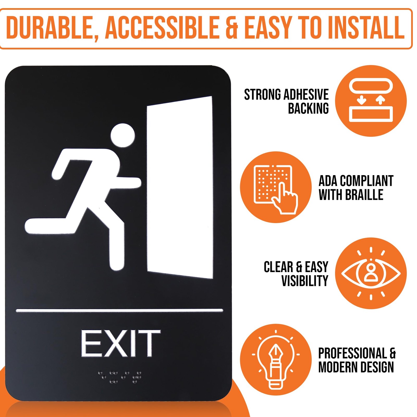 6 x 9-Inch Exit Door Sign with Adhesive, Black, ADA Compliant with Braille Le…