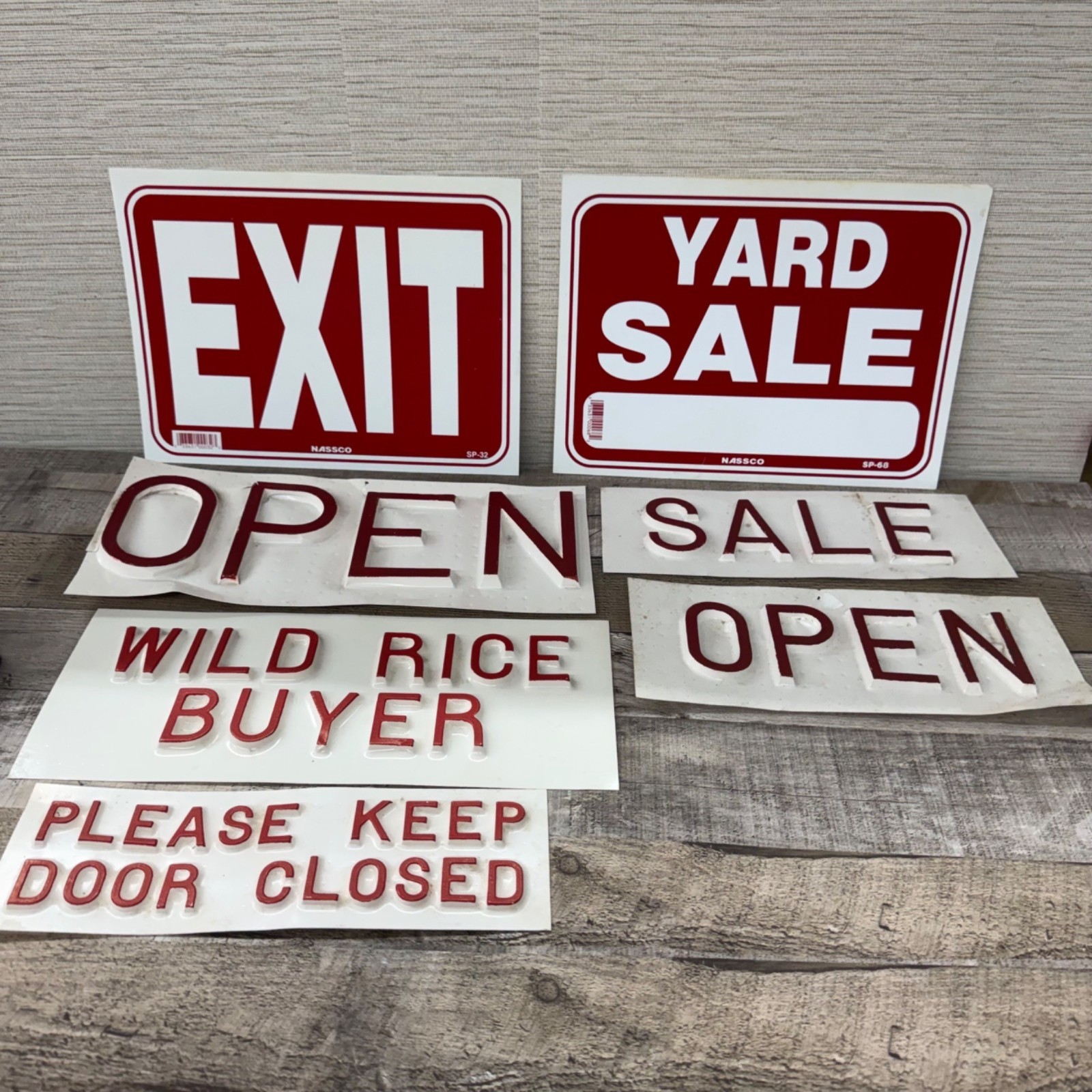 Vintage Red & White Plastic Sign Lots – Exit Yard Sale Open Wild Rice Buyer Door