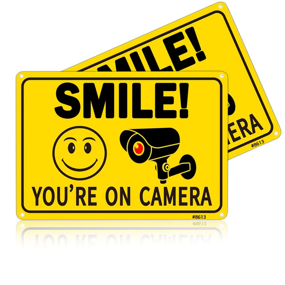 2 Pack Smile You’re on Camera Signs Aluminum Video Surveillance Signs 10×7 Inch