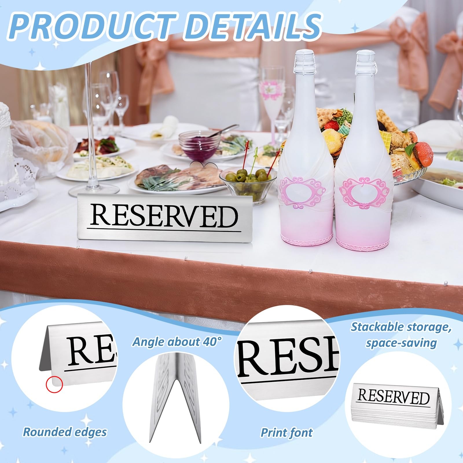 12 PCS 6×1.5 Inch Stainless Steel Elegant Silver Reserved Seating Table Signs
