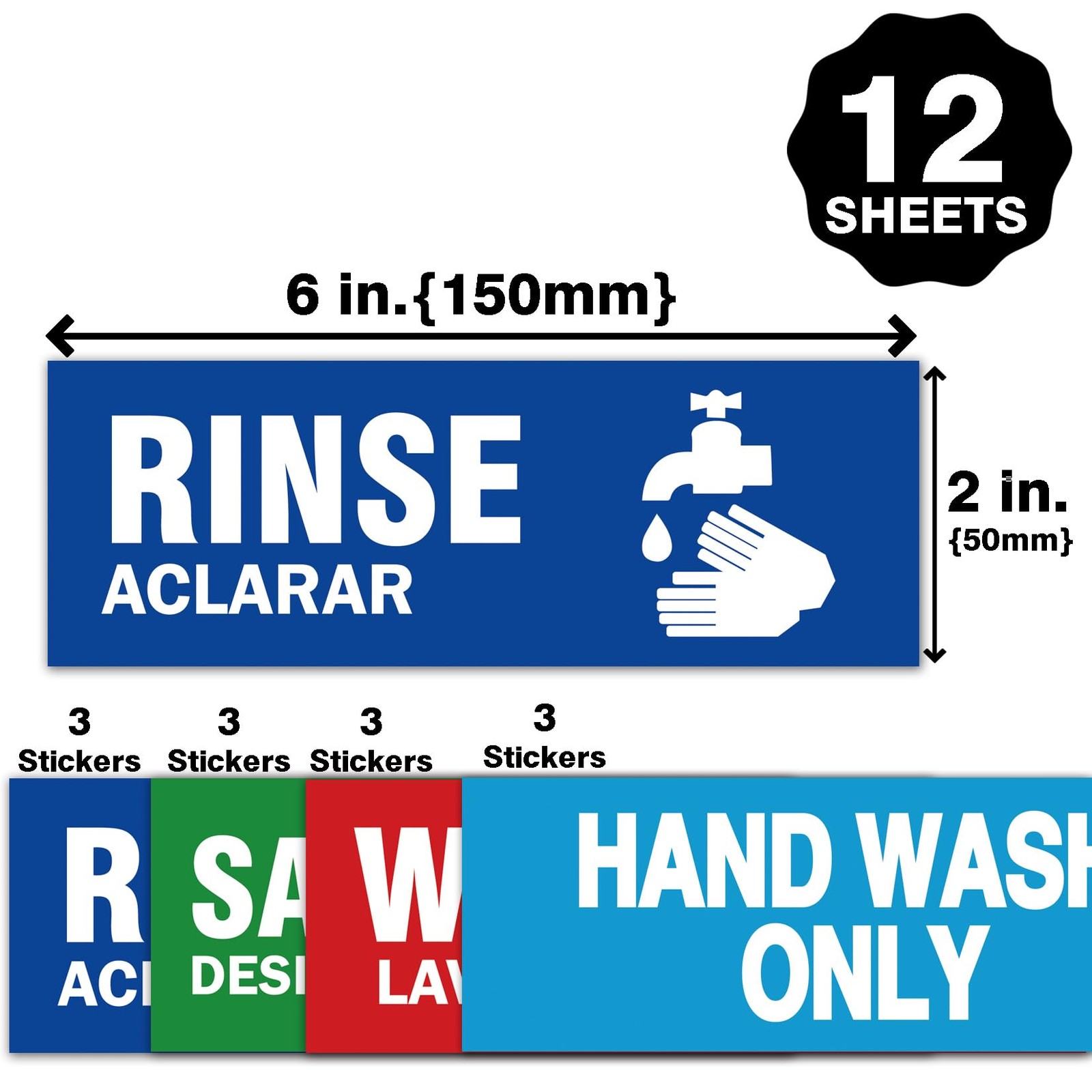 12 Pack Wash Rinse Sanitize Sink Labels Waterproof Stickers