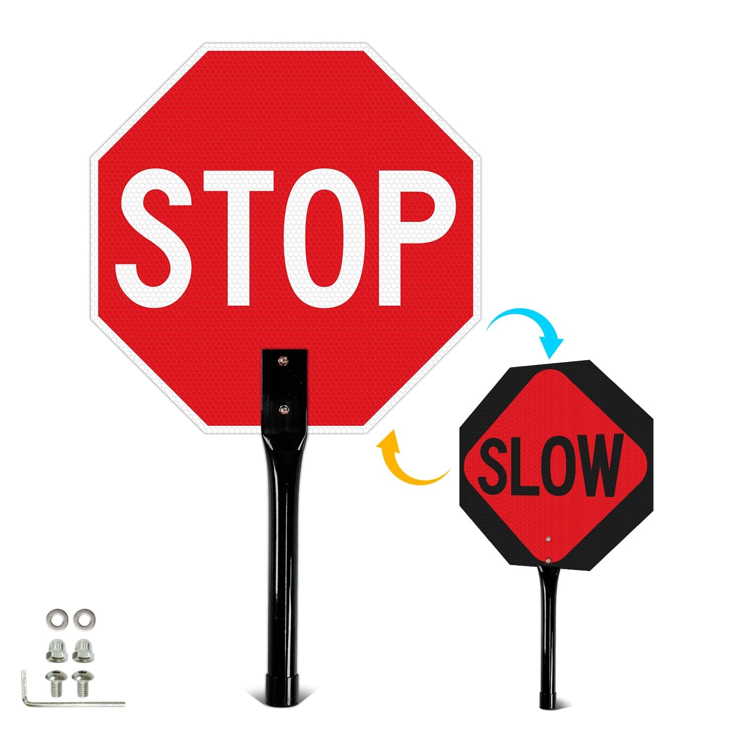 Double Sided Stop/Slow Sign 13 x 13 Inches with Handle and Stand