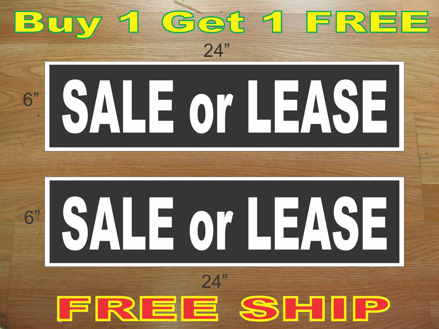 White on Black SALE OR LEASE 6″x24″ REAL ESTATE RIDER SIGNS Buy 1 Get 1 FREE