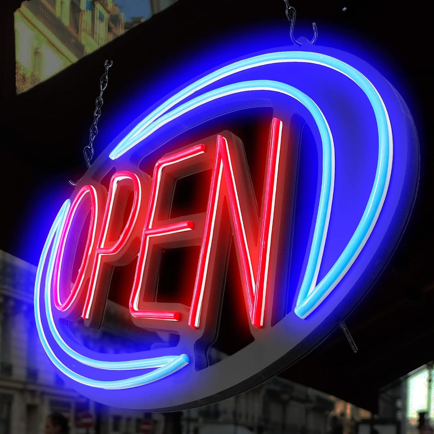 Open Neon Sign 32x16in LED Bright Flashing Remote Blue Red Store