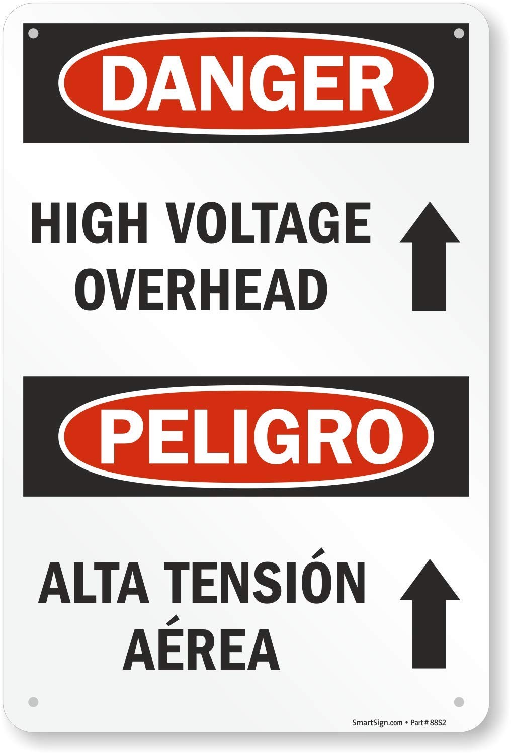 12×18 Inch Danger High Voltage Overhead Bilingual Aluminum Sign Upward Arrow