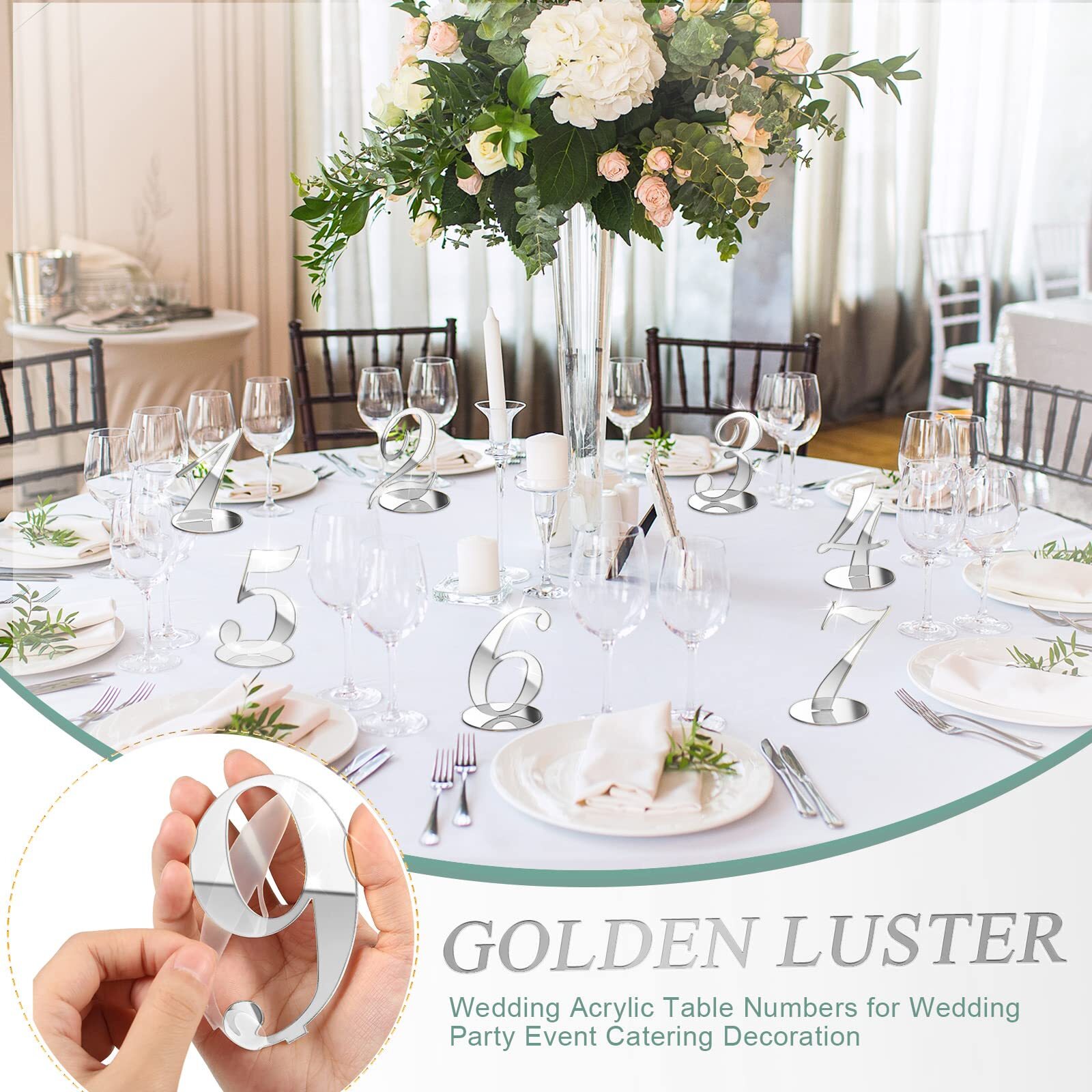 Silver Mirror Table Numbers with Holder Wedding Reception Party Events
