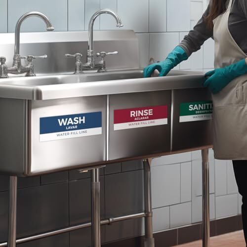 5 Pack Wash Rinse Sanitize Sink Labels Waterproof Sticker Signs 3 Compartment