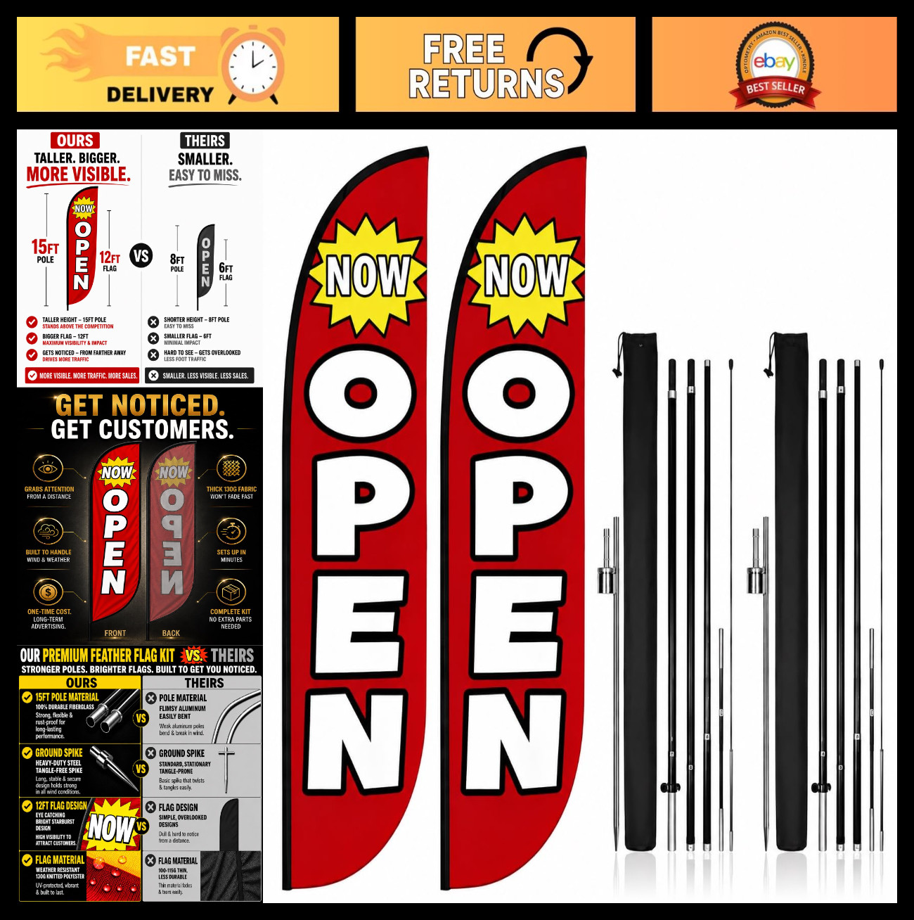 15ft Feather Flag Pole Kit – 2 Pack with 12ft Open Flags for Business Advertisin