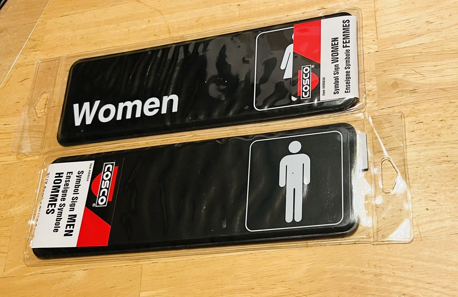 2 Restroom Sign COSCO black Plastic 9”x 3” Men & Women