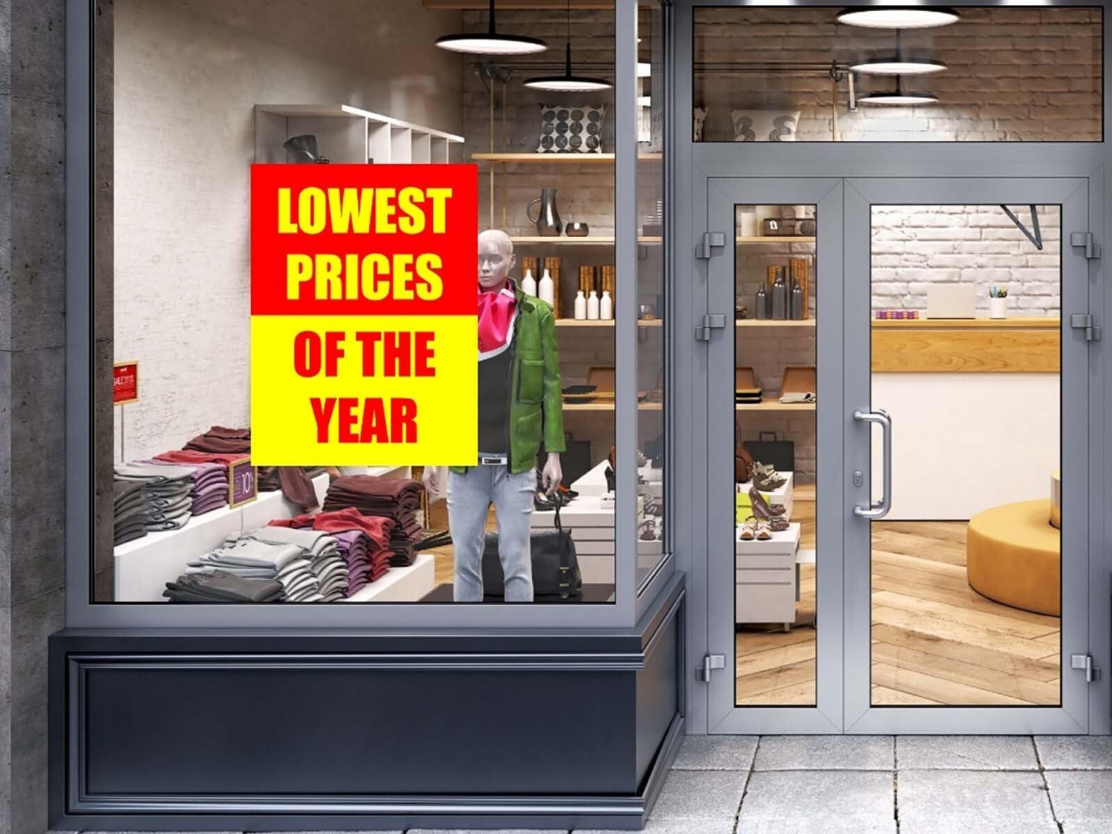 Lowest Prices Of The Year | Retail Window Display Sign | 18″W x 24″H | 5 Pack