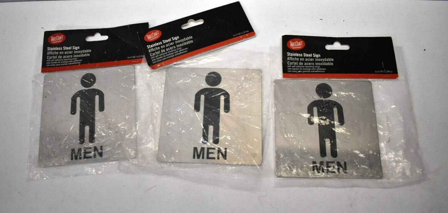 Lot of 3 TableCraft B10 Mens Restroom Signs Stainless Steel 5″ x 5″ Lightweight