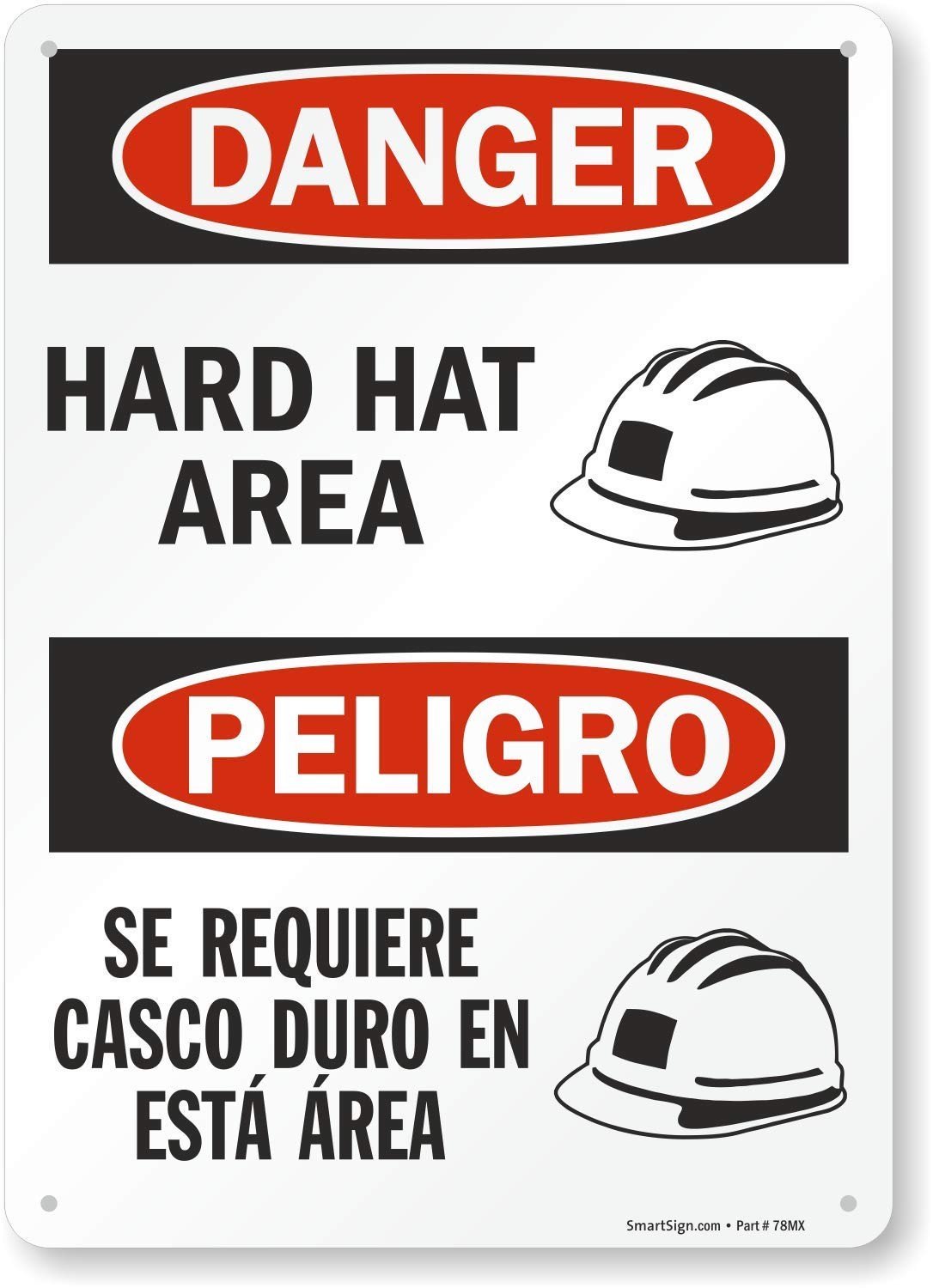 10×14 Inch S2115PL14 Danger Hard Hat Area Bilingual Plastic Warning Sign