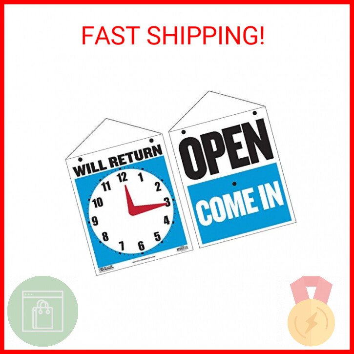 BAZIC Open Sign 7.5″x9″, Clock Will Return Will be Back, Double Sides Plastic Vi