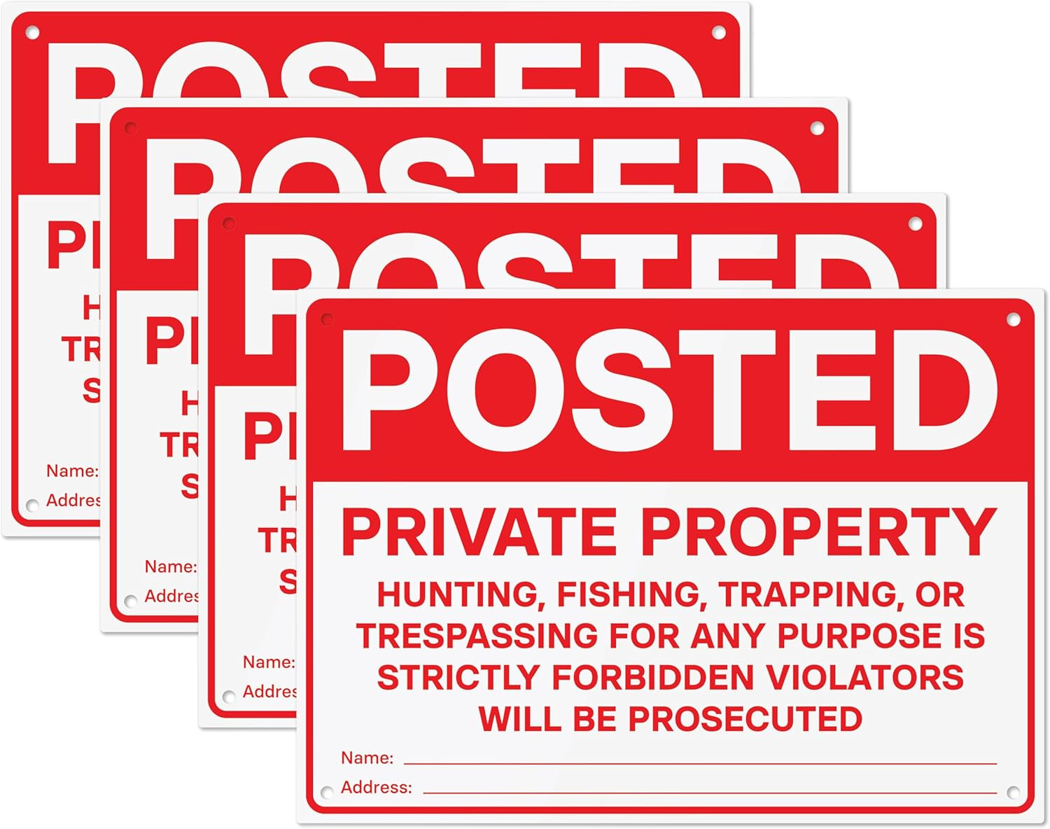 Private Property Signs 4-Pack | No Hunting, No Trespassing, 14″ x 10″ PVC
