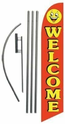 Welcome (red/smiley) 15ft Feather Banner Swooper Flag Kit – INCLUDES 15FT…