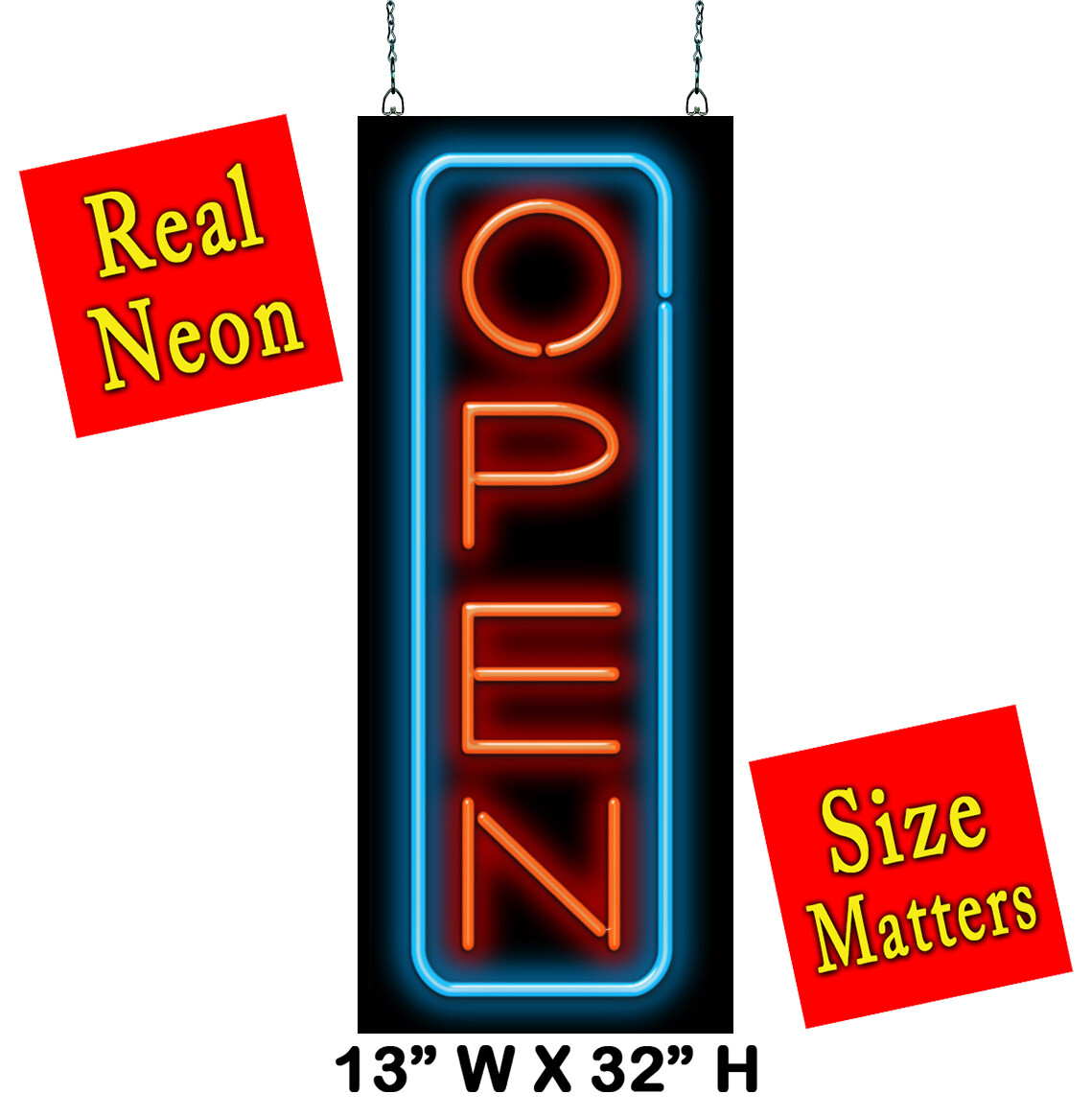 Vertical Neon Open Sign – Large 13″ x 32″ – Real Neon Attracts More Customers