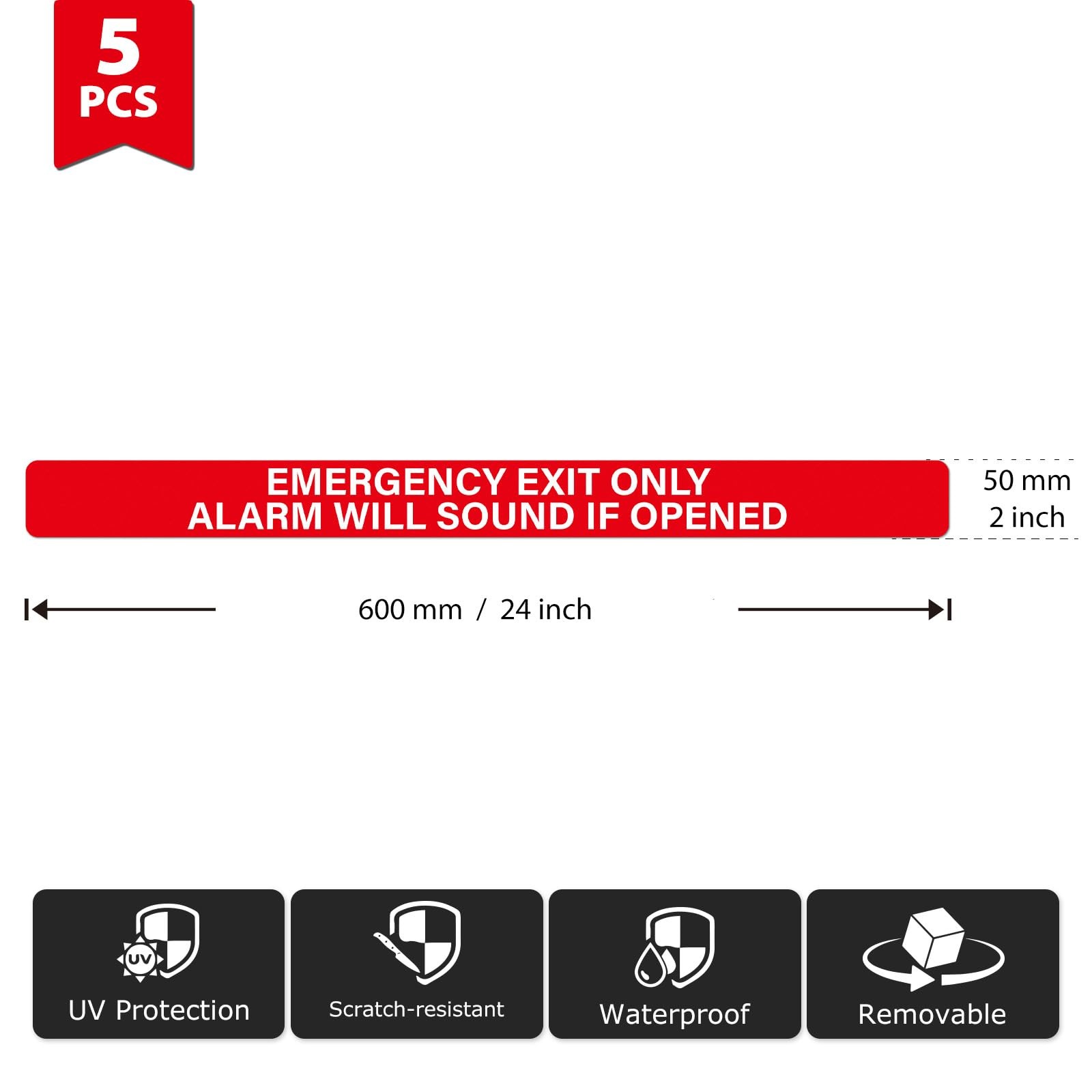 5 Pack Emergency Exit Only Alarm Will Sound If Opened Sticker 24 × 2 Inches W…