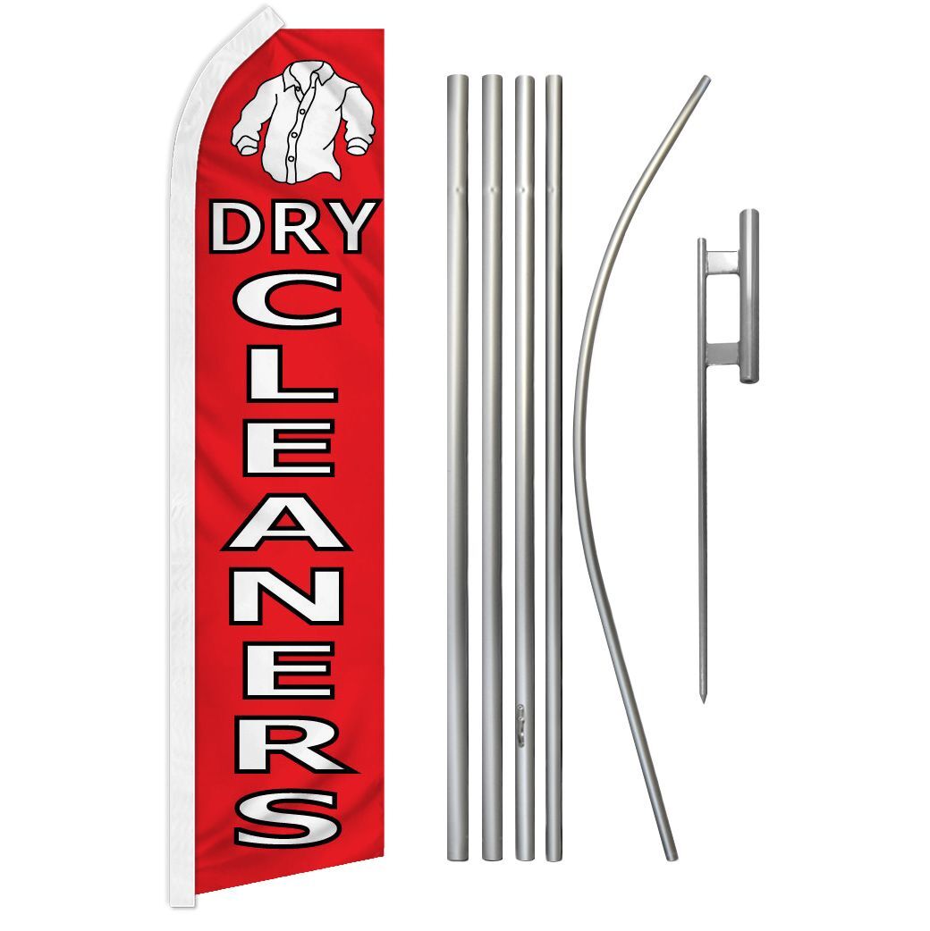 “DRY CLEANERS RED” Advertising Super Flag & Pole Kit clothes clean launder alter