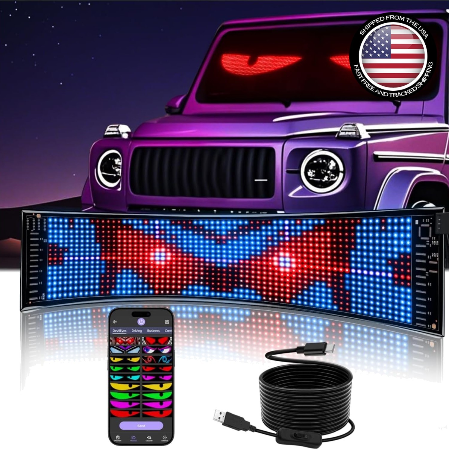 Programmable LED Car Sign for Windshield – 15x4in Flexible Display [App Contr…