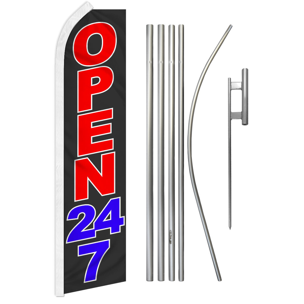 Open 24/7 Advertising Swooper Feather Flutter Flag Pole Kit Open 24 hours