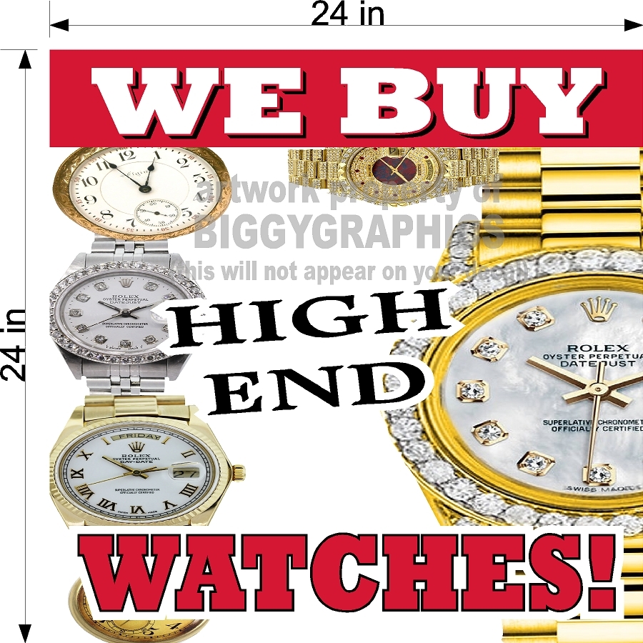 PERFORATED WINDOW VINYL DECAL 2′ X 2′ GRAPHIC WE BUY WATCHES HIGH END