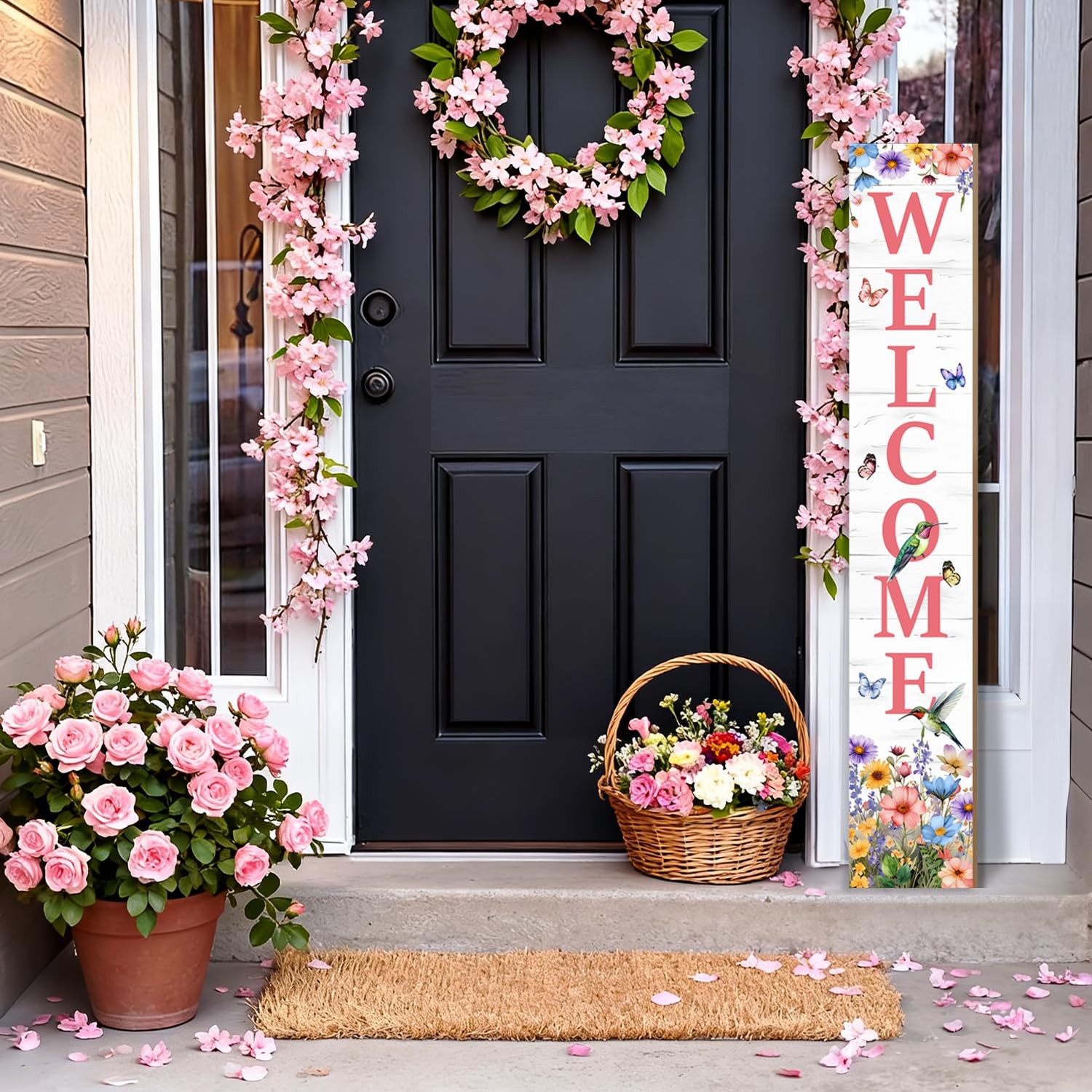 Hummingbird Welcome Sign for Front Door, Spring Porch Sign Tulip Flowers Outdoor