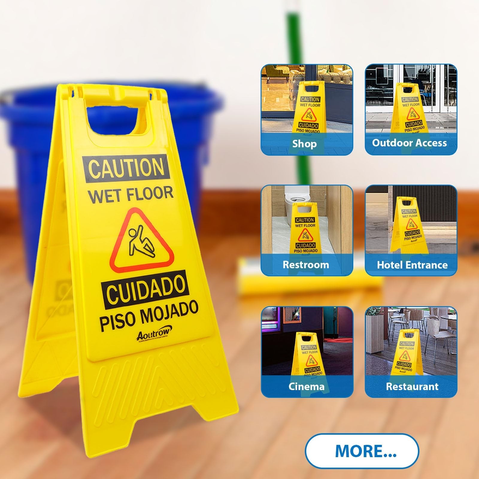 Aoutrow Caution Wet Floor Sign, Bilingual Foldable Safety Sign (17.12in x 8.3…