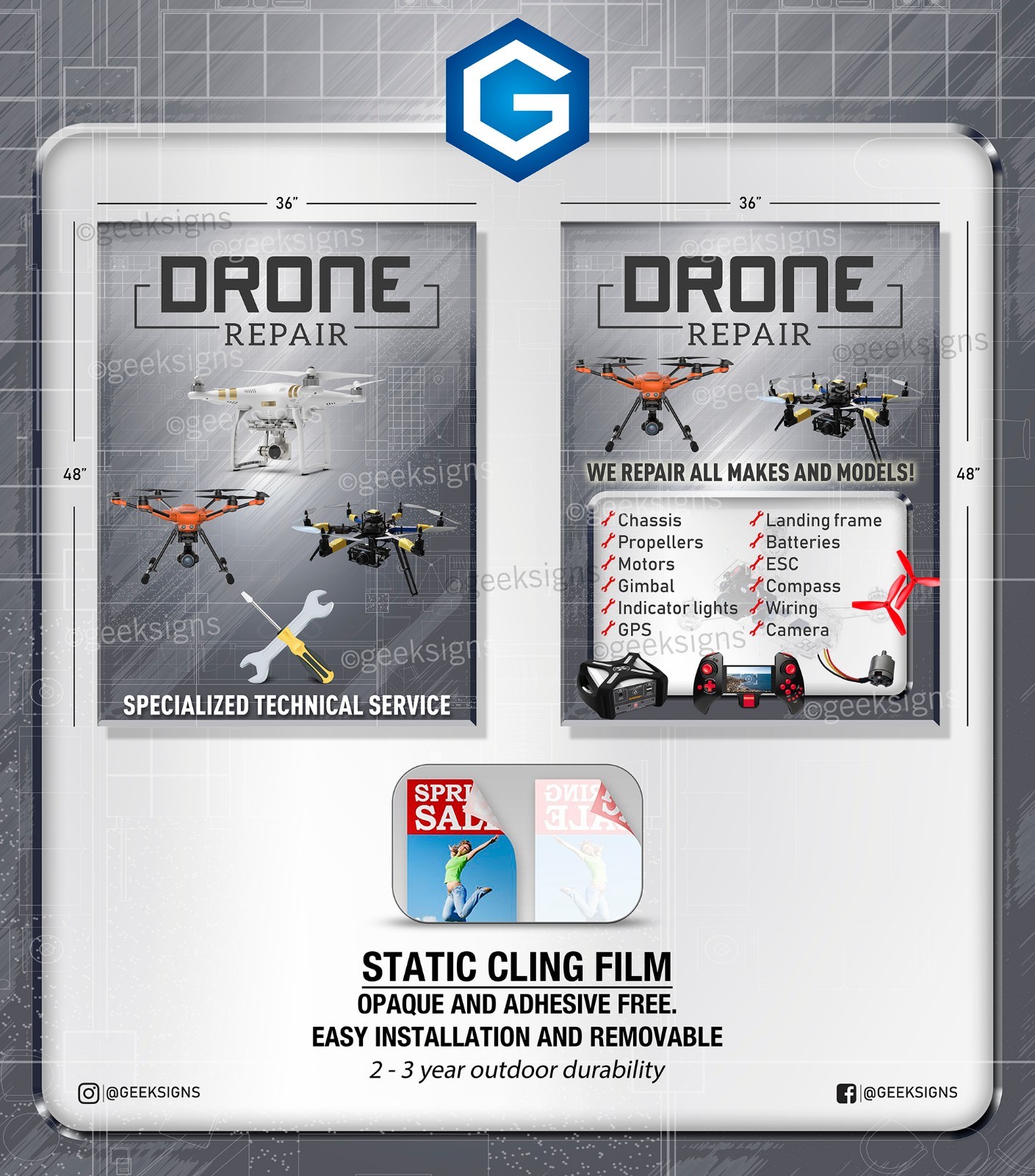 Drone repair service parts retail window graphics decal sign banner