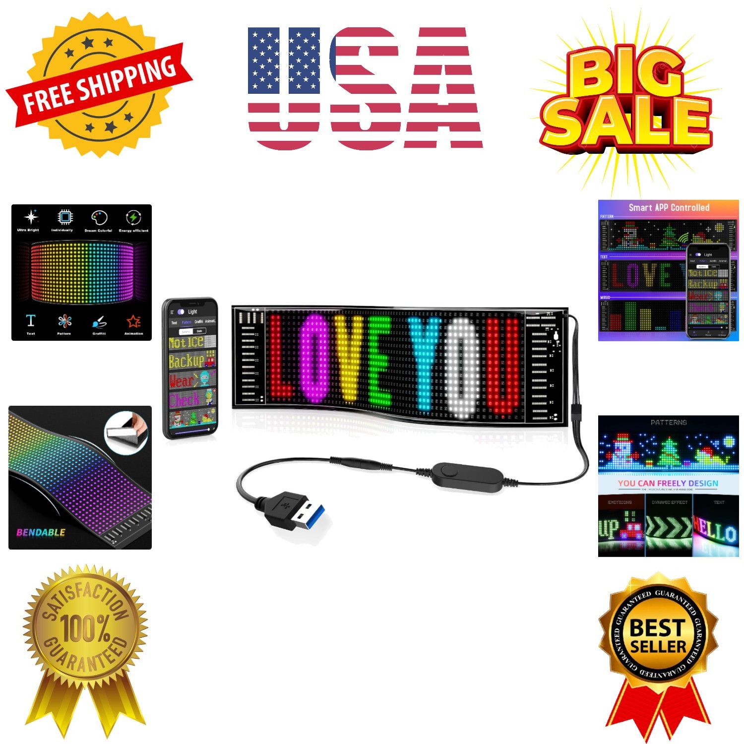 Scrolling Bright Advertising LED Signs, Flexible USB 5V LED Car Sign Bluetoot…