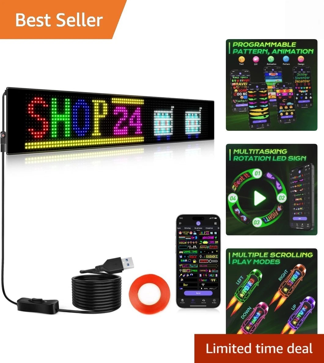 Huge Bright Programmable LED Sign，23”x5” Flexible Digital Scrolling LED Dis…