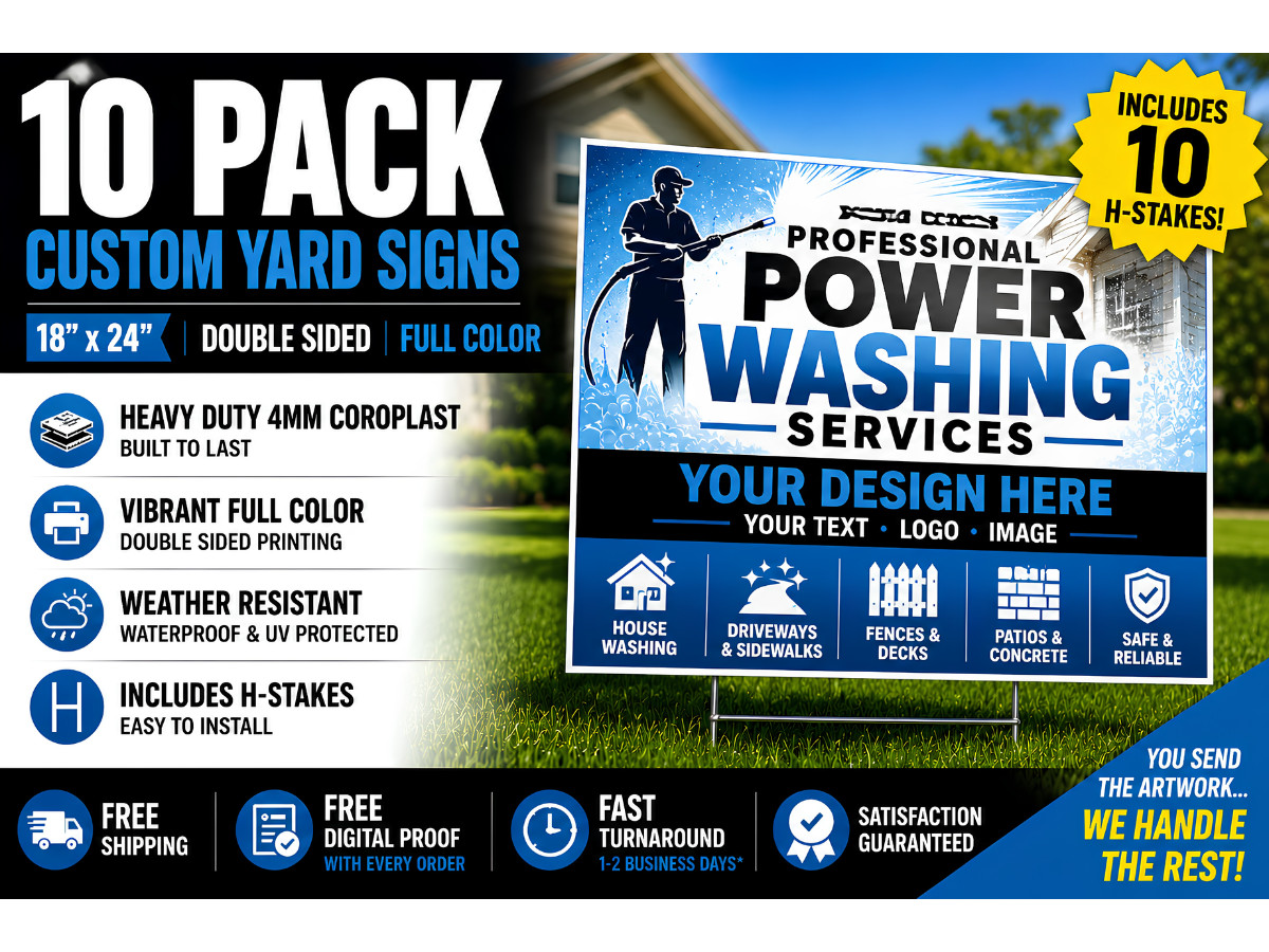 10 Pack 18×24 Yard Signs – Custom Design – Full Color – 2 Sided Stakes Included!