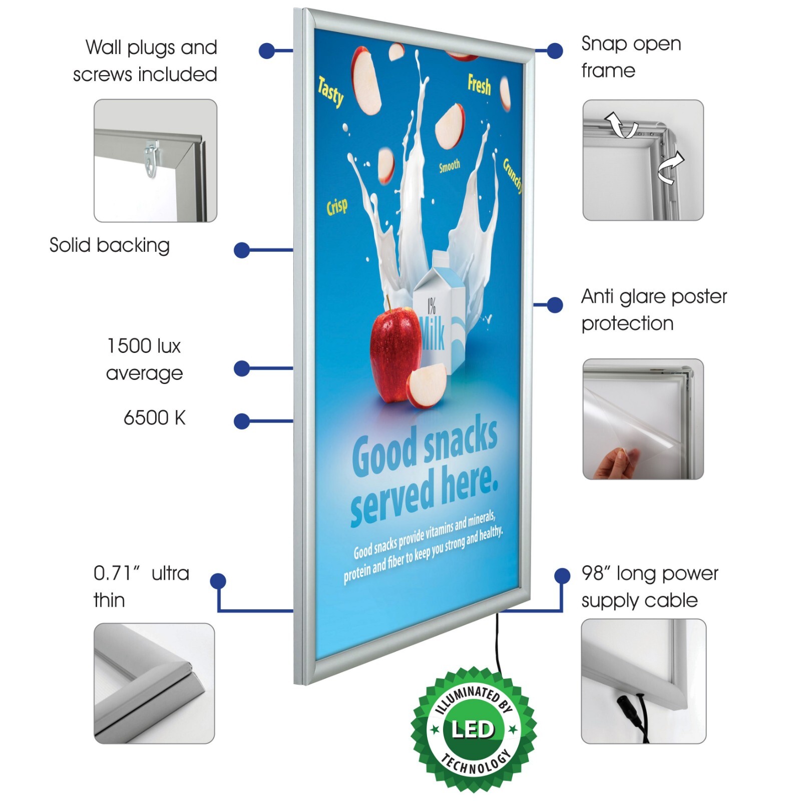 LED Backlit Poster Frame, Wall Mount Black/Silver Aluminum Photo/Sign Holder