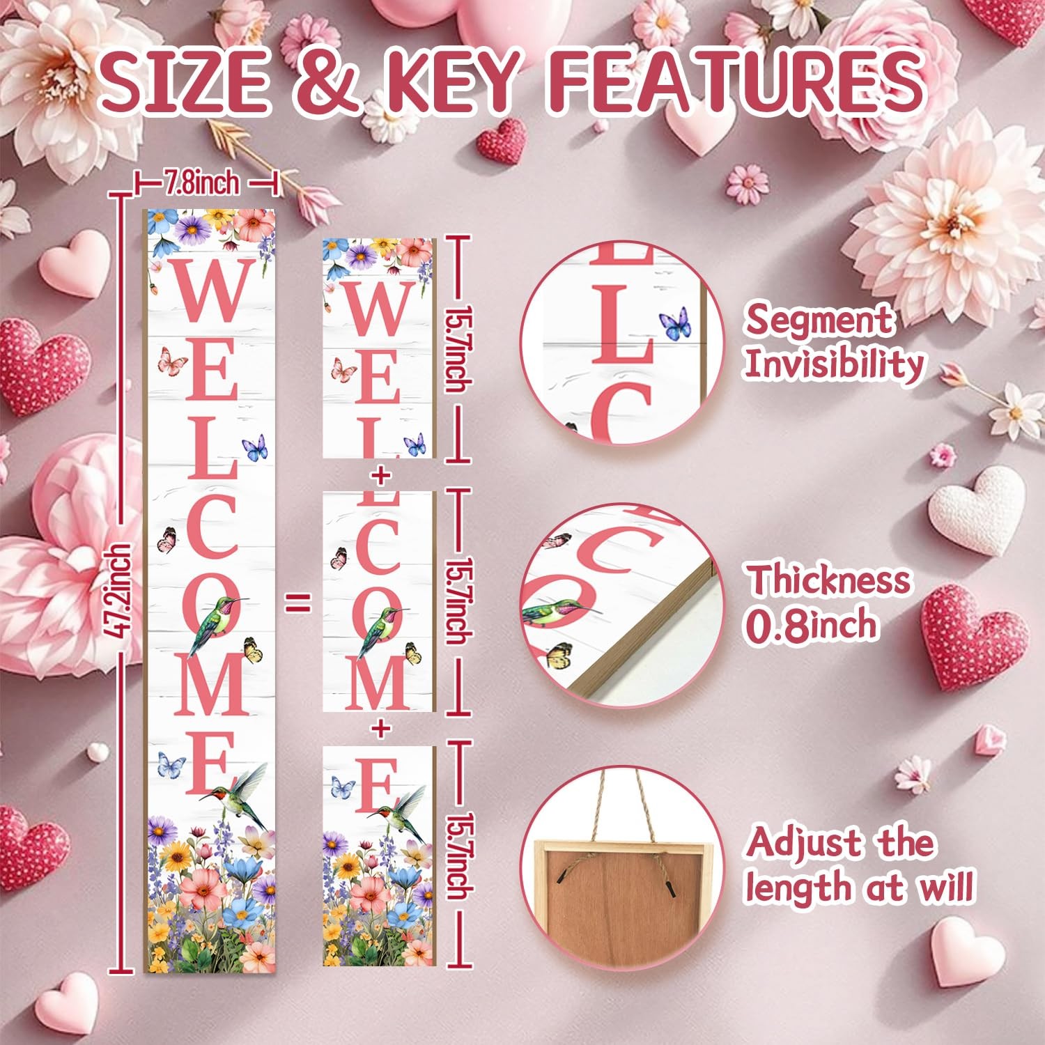 Hummingbird Welcome Sign for Front Door, Spring Porch Sign Tulip Flowers Outdoor