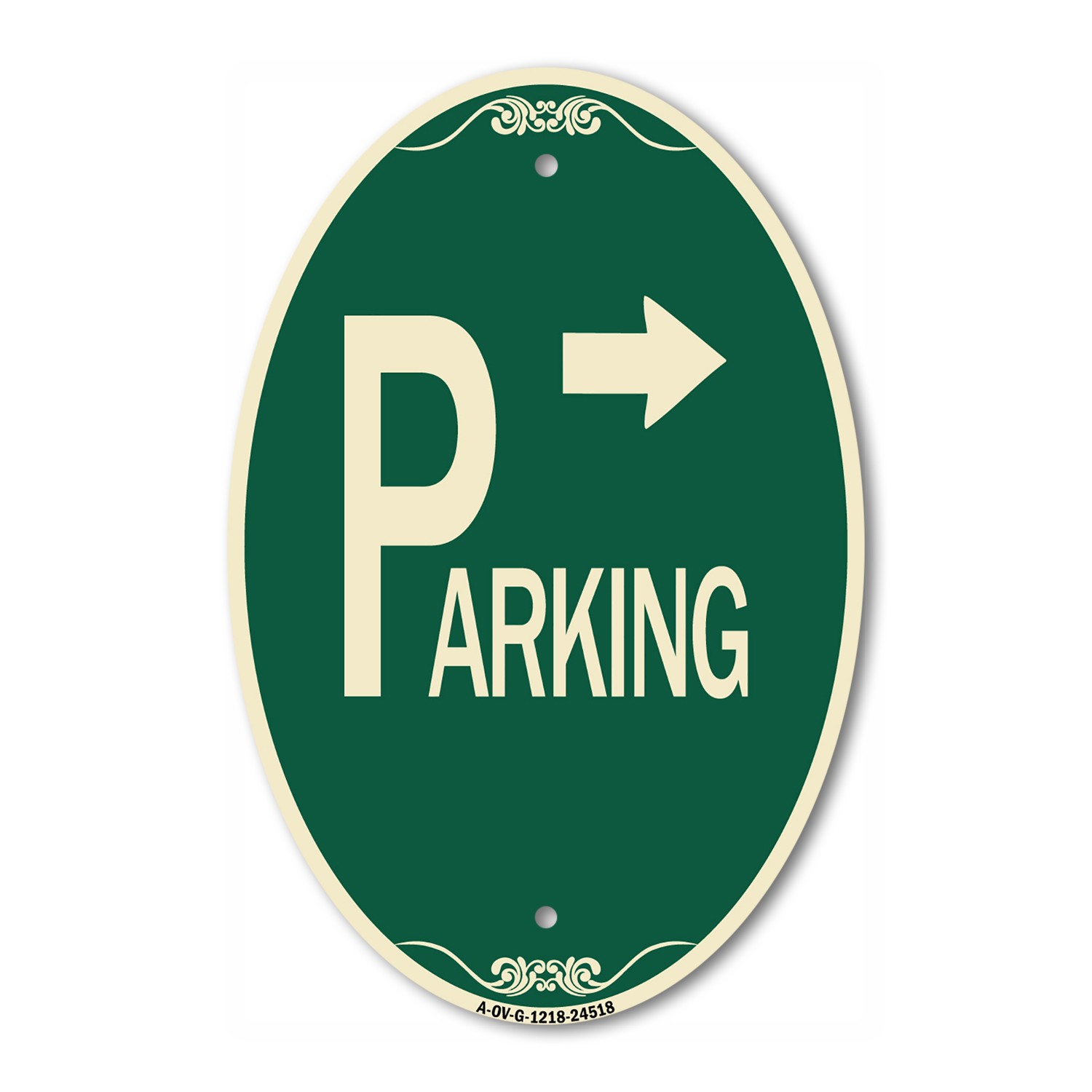 Parking with Arrow Pointing Right | Green & Tan Aluminum Oval Architectural Sign