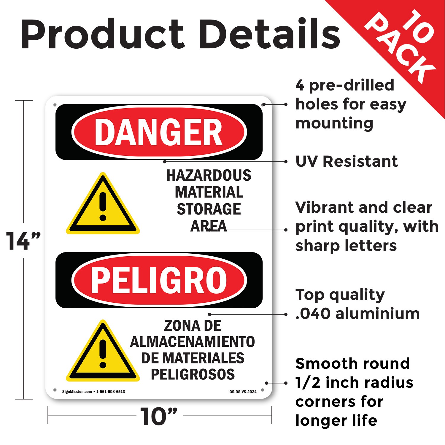 Hazardous Material Storage Area OSHA Danger Sign Metal,, Decal 5 or 10 Pack