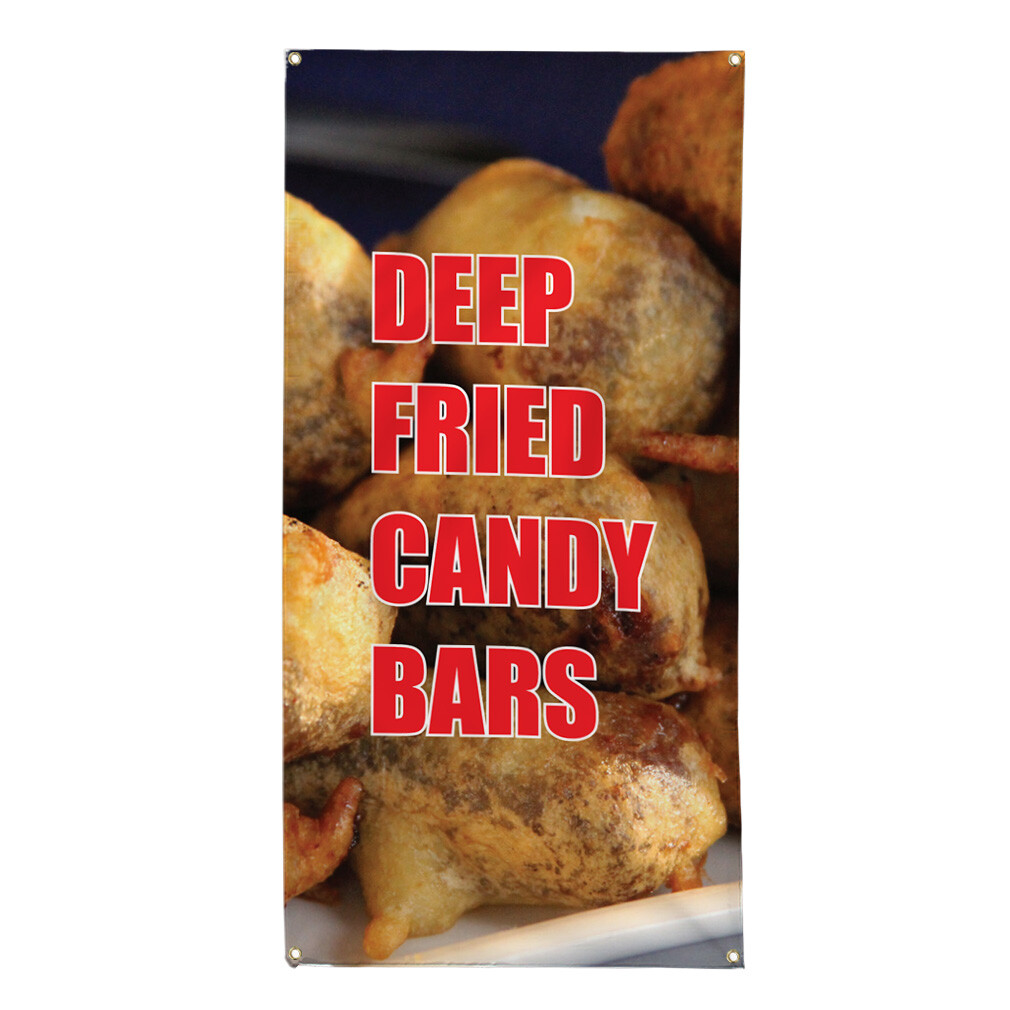 Vertical Vinyl Banner Multiple Sizes Deep Fried Candy Bars Food and Drink Retail