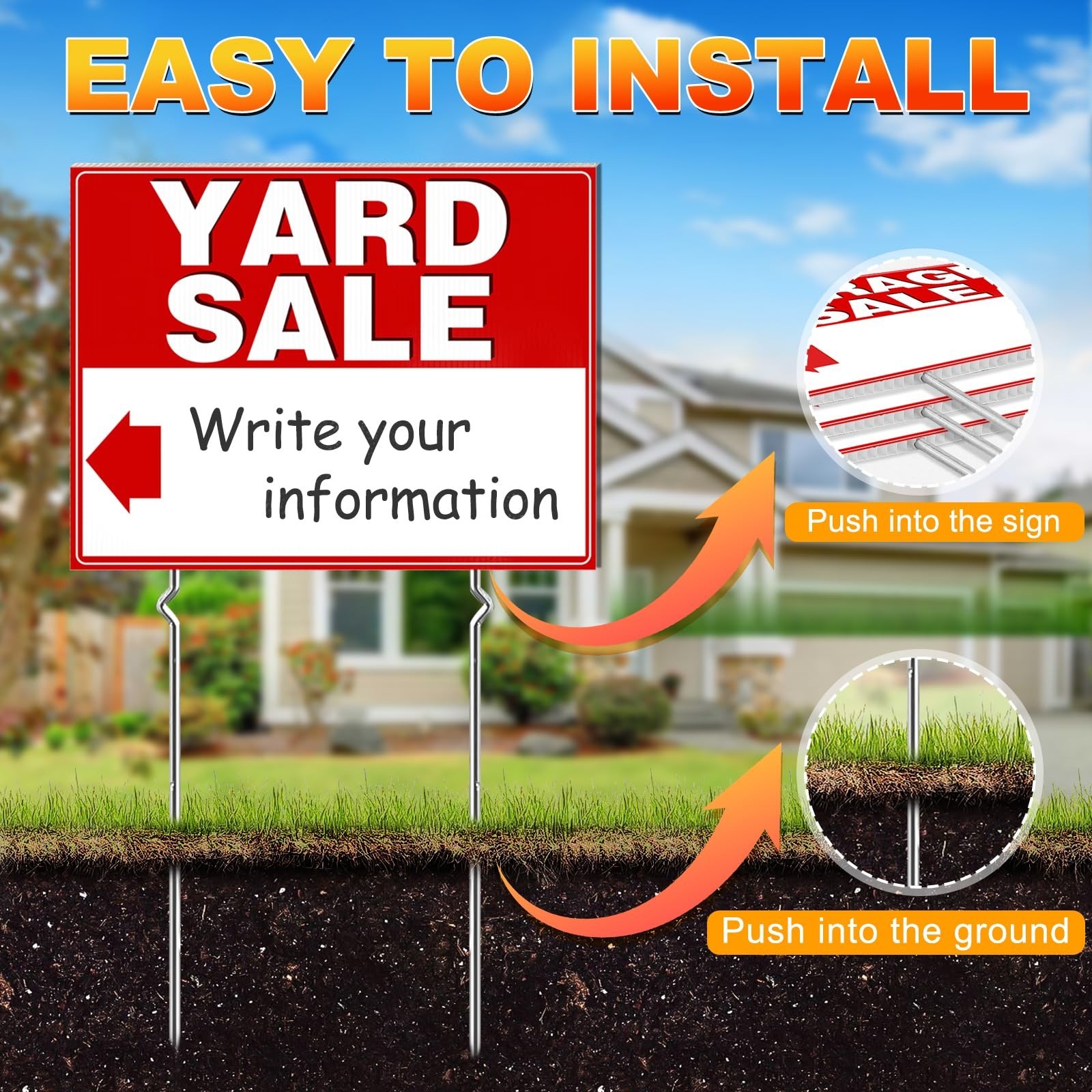 Garage Sale Kit, 3 Large Yard Signs, Directional Arrows, Corrugated Plastic, Red
