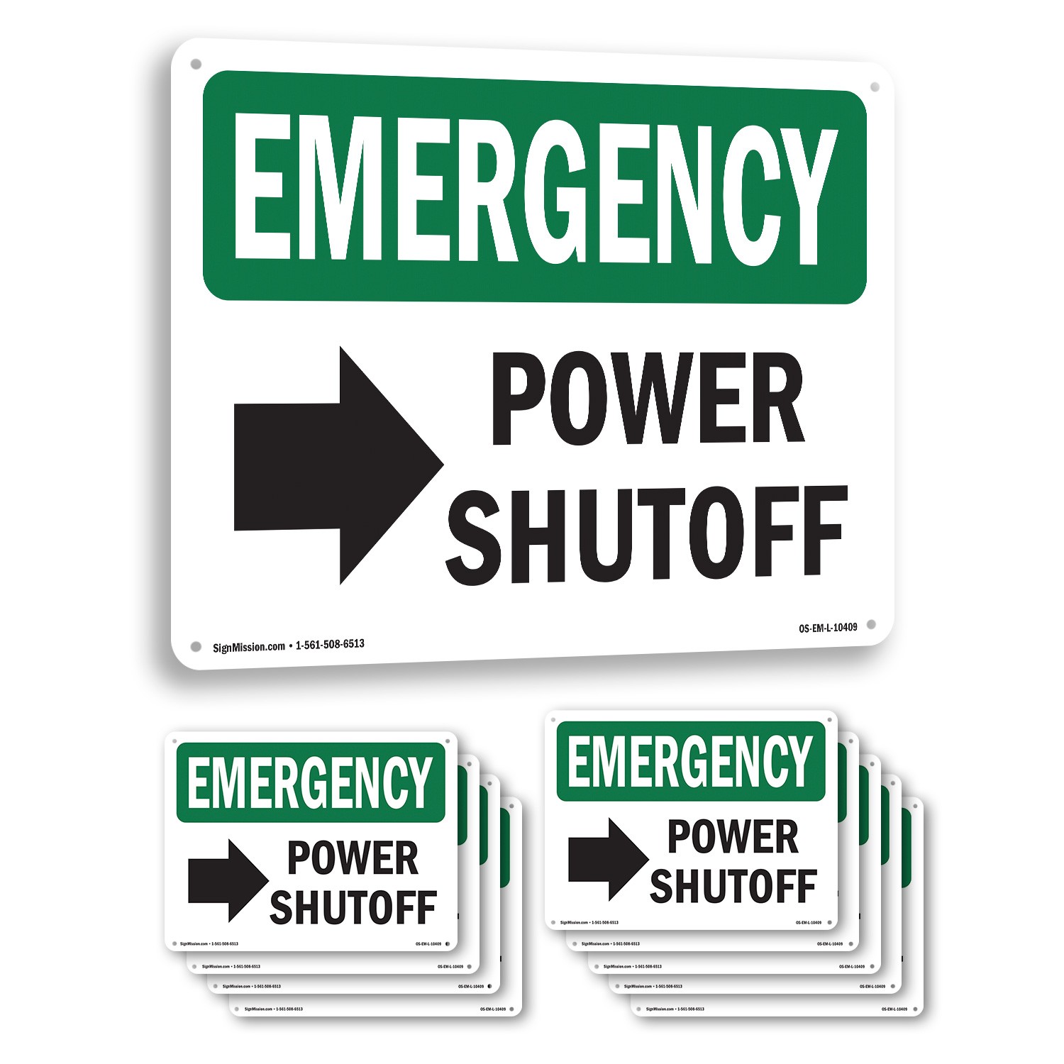 Power Shutoff [Right Arrow] With Symbol OSHA Emergency Sign, Decal 5 or 10 Pack
