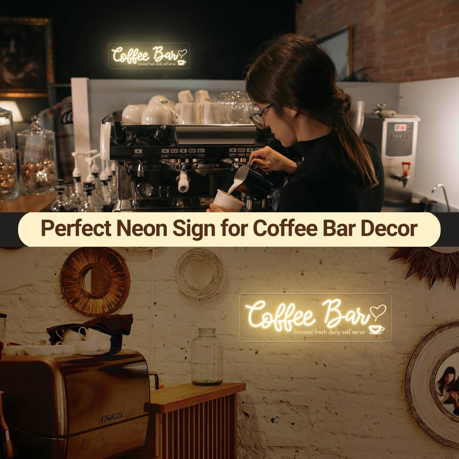 Coffee Bar Neon Sign with Timer Remote Dimmer, Warm White LED Coffee Light fo…