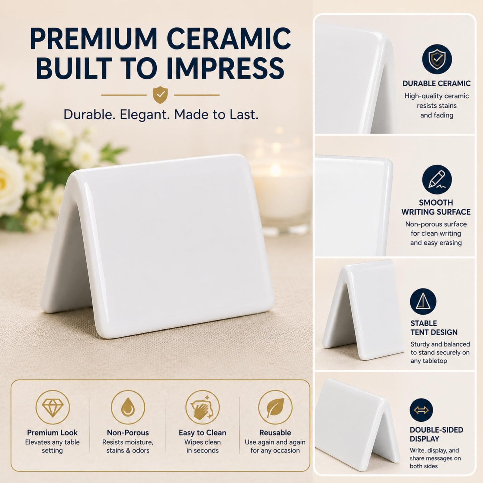 Double Sided Ceramic Dry Erase Table Tent Sign White – 3-1/2″x2″ – Reusable T…