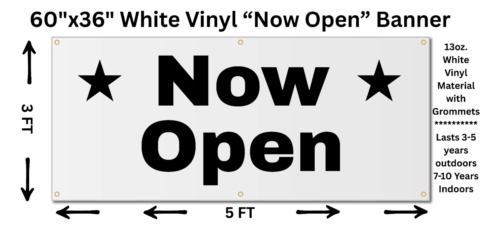 60″x 36″ White Vinyl “Now Open” 13 oz. Banner
