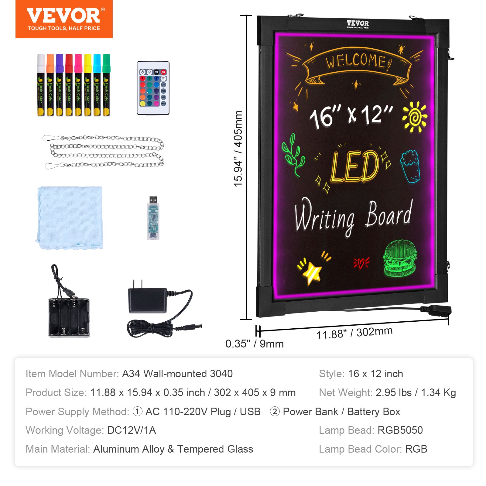 VEVOR LED Message Writing Board 16″x12″ Illuminated Erasable Lighted Chalkboard