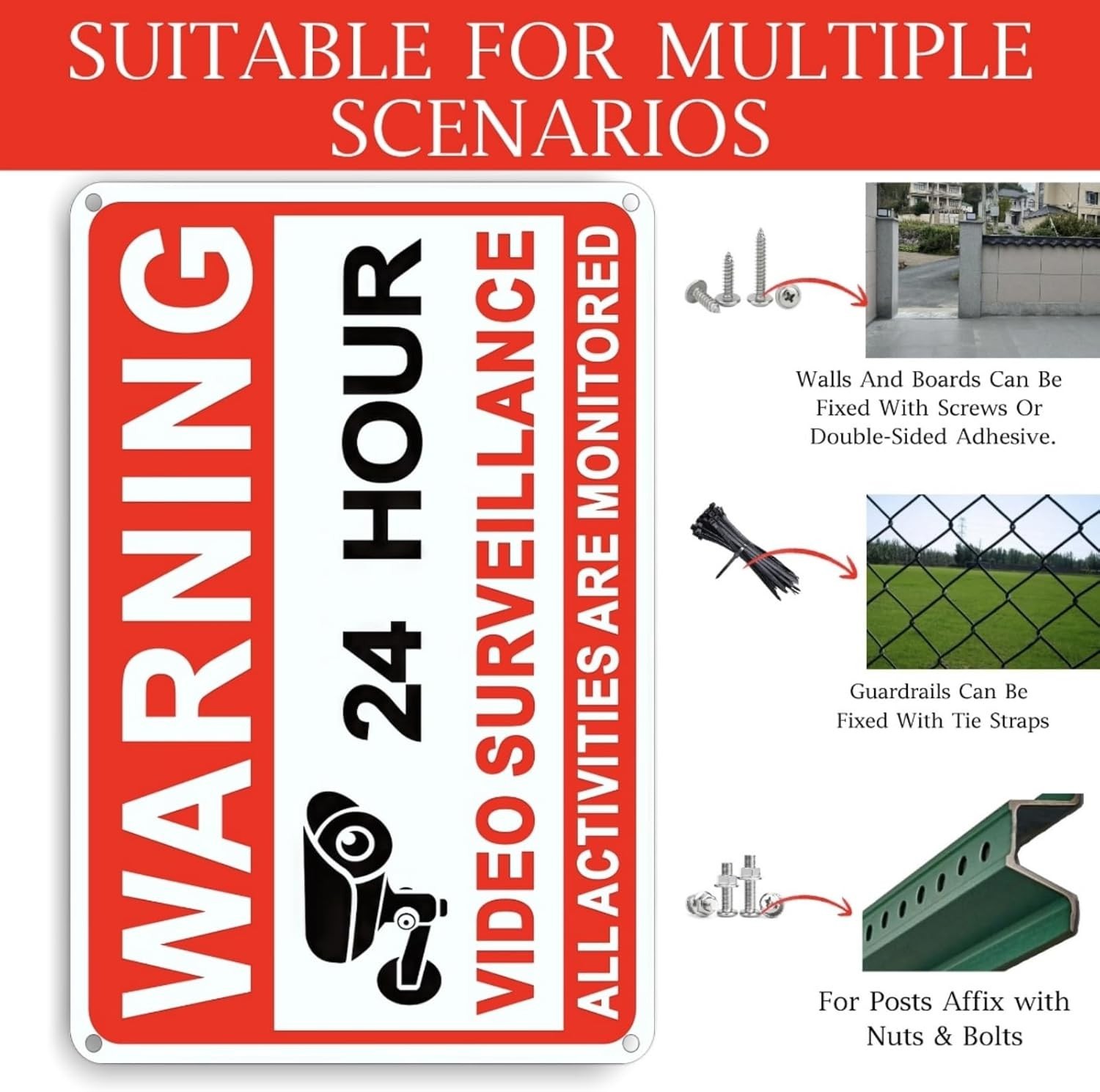 4 Pack Video Surveillance Signs, 8 x 12 Inch Aluminum Camera Signs, CCTV Secu…